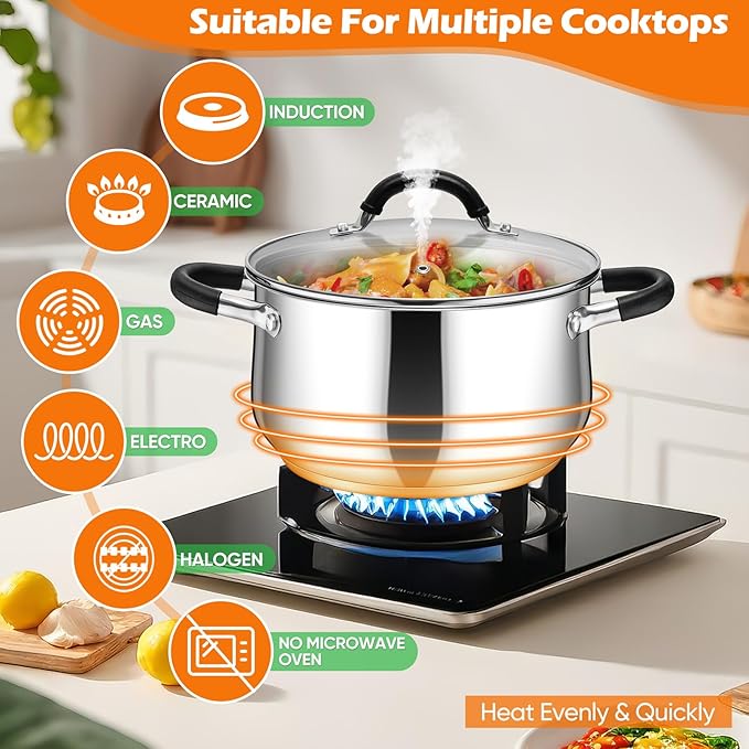 P&P CHEF Stainless Steel Stock Pot, 8 Qt Cooking Soup Pot with Visible Lid for Pasta, Tri-Ply Bottom & Dual Heatproof Handles, For Induction Gas All Stoves, Non-Toxic & Dishwasher Safe