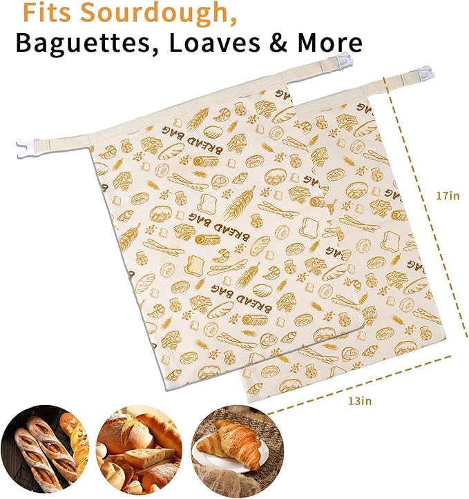Reusable Bread Bag with Beeswax Lining – 2 Pack XL Cotton Bread Storage Bag for Homemade Sourdough, Baguette, Loaves – Eco-Friendly Waxed Food Wrap for Kitchen & Freezer