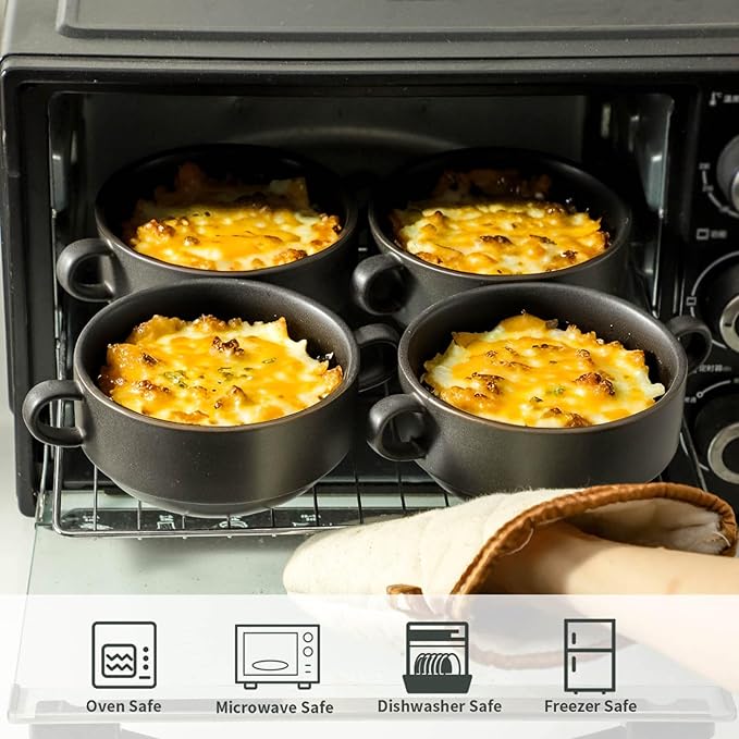 Soup Bowls, 22 oz French Onion Soup Bowls with Handles, Stackable Ceramic Bowls Set of 4, Dinner Bowls for Chili, Beef Stew, Soup, Cereal, Oven Microwave Dishwasher Safe, Matte Black