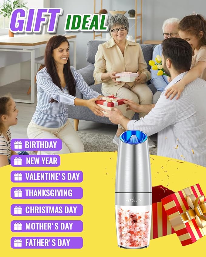 Rongyuxuan Gravity Electri Salt and Pepper Mill Set,Pepper Grinder with Ceramic Rotor,Acrylic Container,Stainless Steel Middle,Blue LED Light,Battery Powered,Adjustable Coarseness,One Hand Use,Sliver