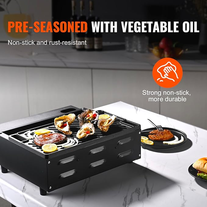 VEVOR Reversible Grill/Griddle, 17x10'' Pre-Seasoned Cast Iron Griddle, Rectangular Double Burner Griddle Pan, Non-Stick Family Pan Cookware with Handles, Flat Top Plate for BBQ, Gas Grill, Black