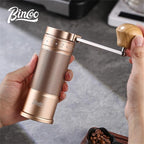 Bincoo Manual Coffee Grinder with Foldable Handle– External Setting Hand Coffee Grinder with Steel Burr,Compact and Portable for Home/Travel/Camping(Champagne)