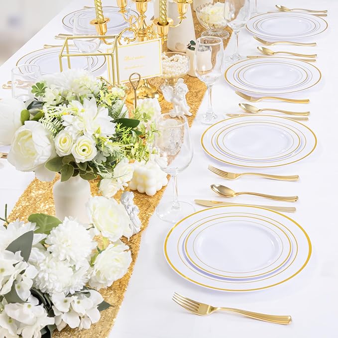 WDF 120 pieces Gold Disposable Plastic Plates - White and Gold Plates Include 10.25" Dinner Plate & 7.5" Salad Plate for Thanksgiving Weddings/Party