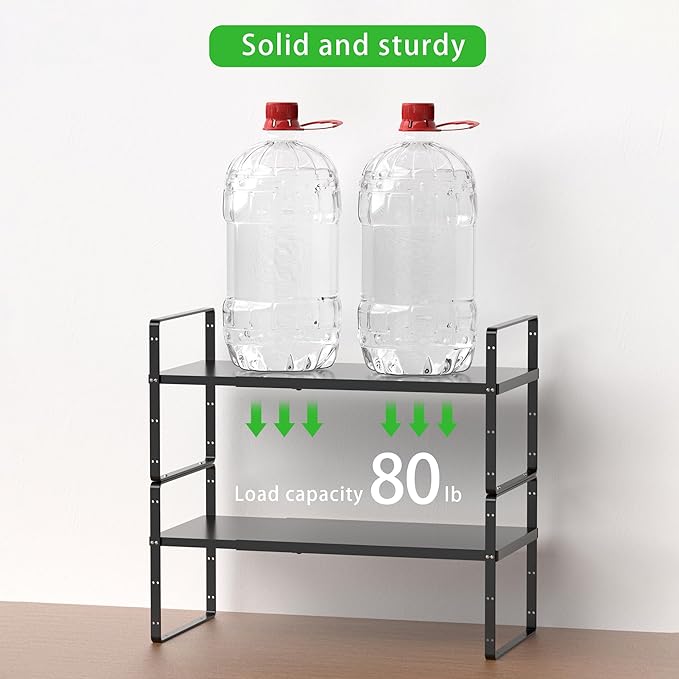 Expandable Cabinet Storage Shelf Stackable Organizer Rack for Kitchen Bathroom Pantry Spice Cupboard Countertop Home Office Desk Heavy Duty Nonslip Black Large 3 Pack