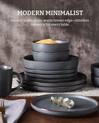 Famiware Mercury Dinnerware Sets with Mugs, Service for 6 (24 Pieces), Stoneware Plates and Bowls Sets, Microwave and Dishwasher Safe Dishes Set, Charcoal