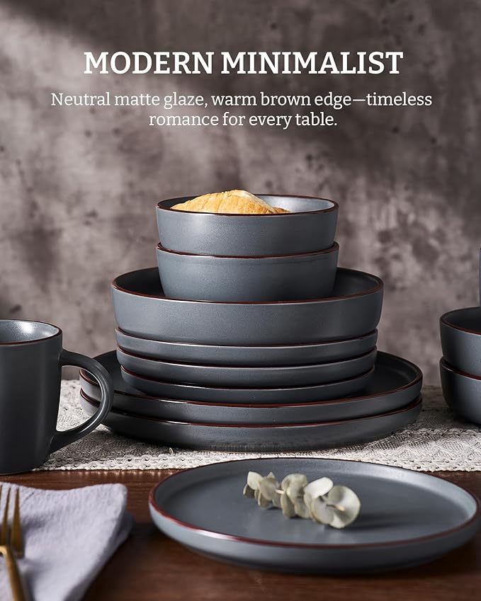 Famiware Mercury Dinnerware Sets with Pasta Bowls, Service for 6 (24 Pieces), Stoneware Plates and Bowls Sets, Microwave and Dishwasher Safe Dishes Set, Charcoal