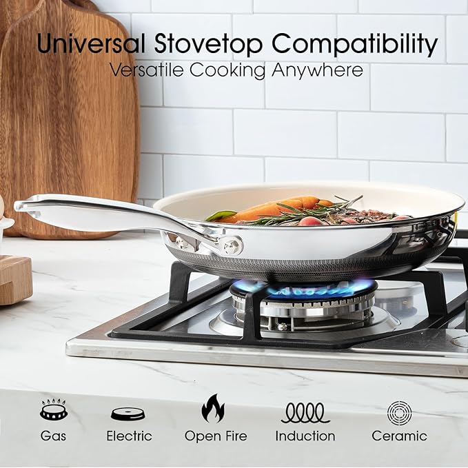 Nonstick Frying Pan Set – 8"10"12" Titanium Ceramic Skillet with Lid, Stay-Cool Handle,PFAS, PTFE, PFOA-Free, Non-Toxic, Dishwasher & Oven Safe, Compatible with All Cooktops,Cream White