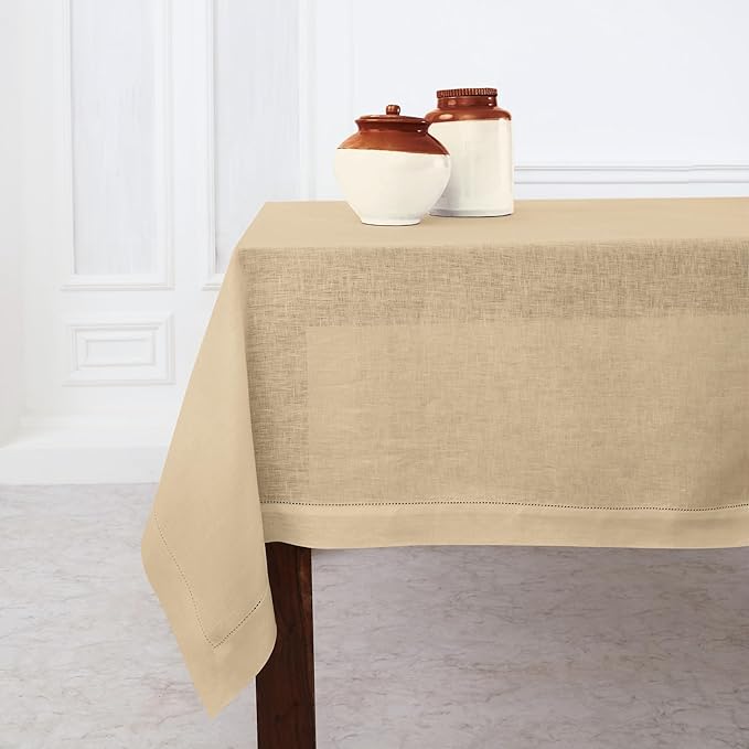 Solino Home Beige Linen Tablecloth 60 x 120 Inch - Classic Hemstitch, 100% Pure Linen Rectangular Tablecloth - Machine Washable Table Cloth for Summer, Fall, Autumn