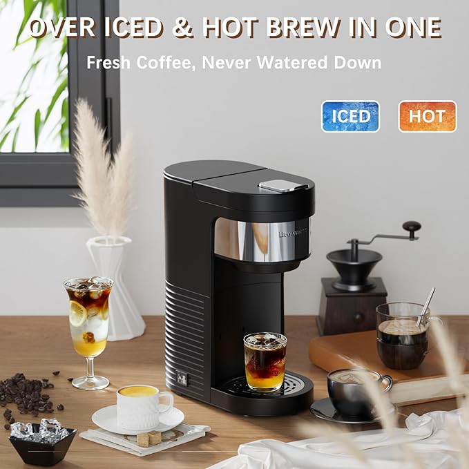 Single Serve Hot & Iced Coffee Maker, for K Cup Pod and Grounds, 6 to 24oz Brew Size, Slim Compact for Small Spaces, Descaling Reminder, with Reusable Filters, Black