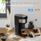 Single Serve Hot & Iced Coffee Maker, for K Cup Pod and Grounds, 6 to 24oz Brew Size, Slim Compact for Small Spaces, Descaling Reminder, with Reusable Filters, Black
