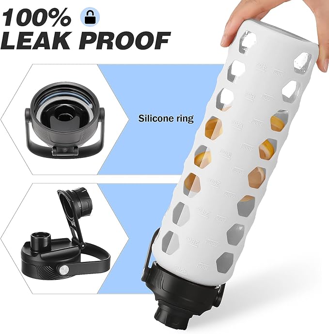 MUKOKO Glass Water Bottles, 32oz Glass Tumbler with Straw, Drinking Bottles with 2 Lids-Handle Spout Lid&Bamboo Straw Lid, Motivational Water Bottle with Time Marker and Silicone Sleeve, 1 Pack-White