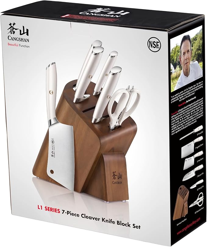 Cangshan L1 Series 7-Piece Cleaver Knife Block Set, Forged German Steel, White, 1027129
