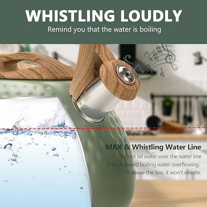 harriet Tea Kettle, Tea Pot for Stovetop, 2.5QT Whistling Kettle with 5-Layers bottom, Food Grade Stainless Steel Kettles with Hot-Resistant Handle Gas Electric Applicable, Green