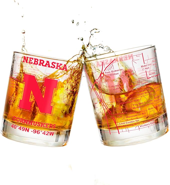 Greenline Goods – University of Nebraska Cornhuskers College Whiskey Glasses (Set of 2), 10 oz – Full-Color Logo + Campus Map
