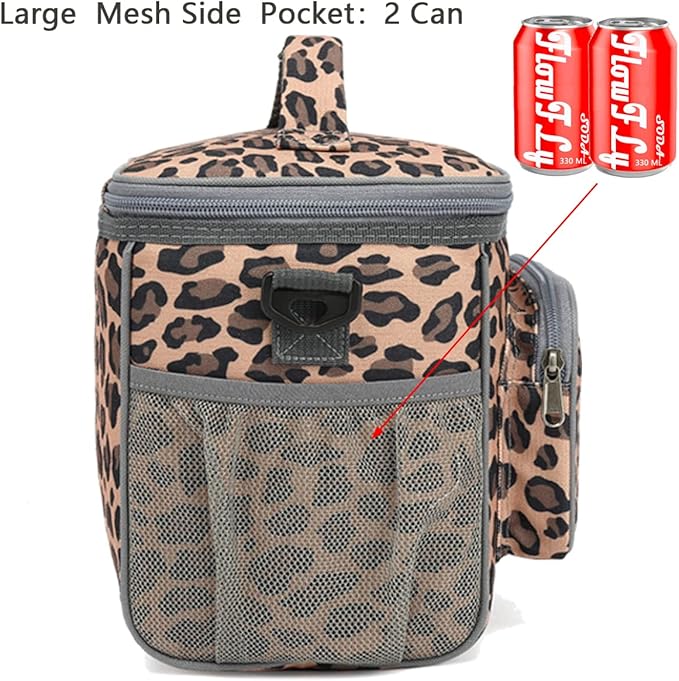 FlowFly Insulated Reusable Lunch Bag Adult Large Lunch Box for Women and Men with Adjustable Shoulder Strap,Front Zipper Pocket and Dual Large Mesh Side Pockets,Leopard