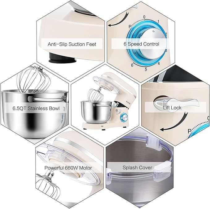 Aucma Stand Mixer, 6.5QT 660W 6-Speed Tilt-Head Food Mixer, Kitchen Electric Stand Mixer with Dough Hook, Wire Whip & Beater (Almond Cream, 6.5QT)