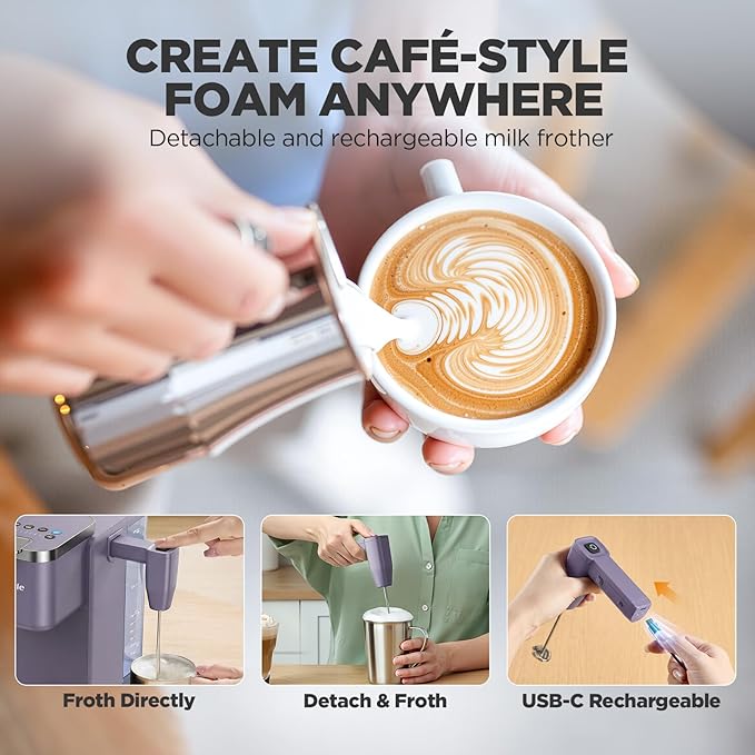 Single Serve Coffee Maker with Built-in Detachable Milk Frother, Iced and Hot Coffee Machine for K Cup & Grounds, 40oz Removable Water Reservoir, 6 Cup Sizes, Fits 7.3" Travel Mug, Purple