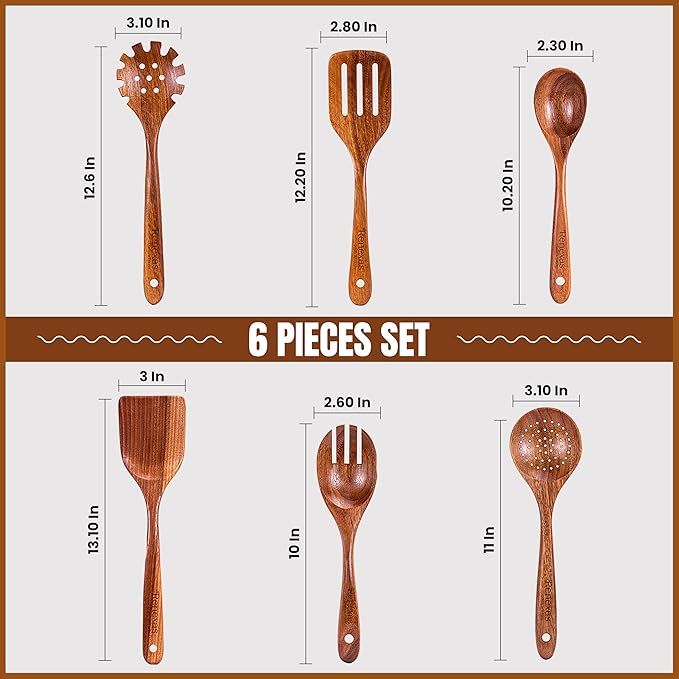 Wooden Spoons for Cooking Utensils, Natural Teak Wooden Cooking Spoons with Nonstick Spatula Set, Bamboo Kitchen Utensils With Holder, Wood Spoon Set for Kitchen Essentials (6)
