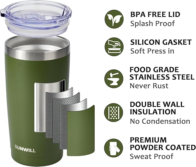 SUNWILL Travel Coffee Tumbler 20 oz, Insulated Mug with Lid, Stainless Steel Cup for Outdoor, Powder Coated Olive