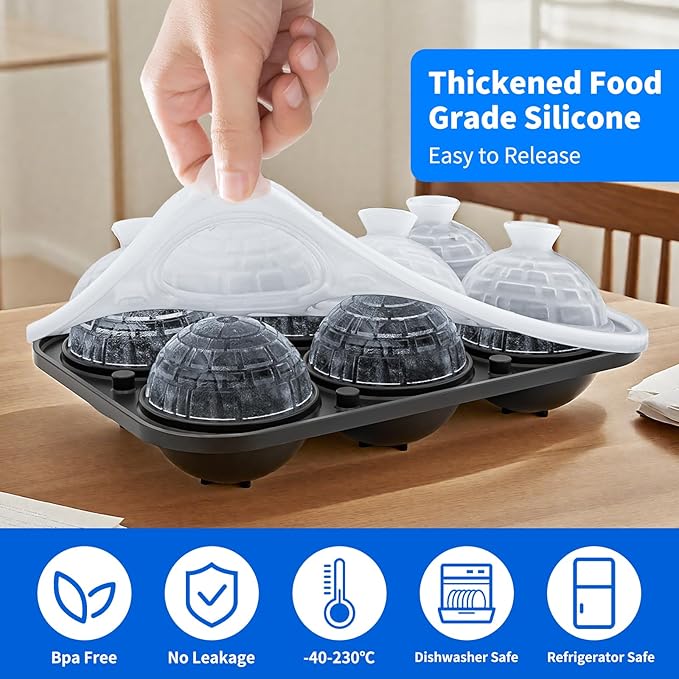 6 Chamber 2.34" 3D Death Star Ball Ice Cube Tray With Funnel,Large Round Ice Ball Molds Silicone Fun Shapes Whiskey Circle Ice Tray,For Chilling Whiskey,Cocktails,Bourbon,Brandy and Beverages