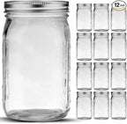 Bedoo Mason Jars 32 oz, 12 Pack Quart Mason Jars With Wide Mouth Lids, Glass Jars for Canning, Food Storage, Meal Prep, Overnight Oats, Fermenting, Pickling, DIY Projects