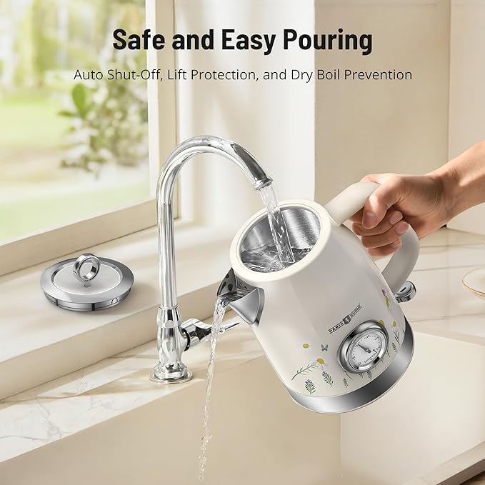 Retro Electric Kettle, PARIS RHÔNE 1.7L Hot Tea Kettle with Thermometer, 1500W Fast Heating, Cordless Design, LED Indicator, Auto Shut-Off & Boil Dry Protection