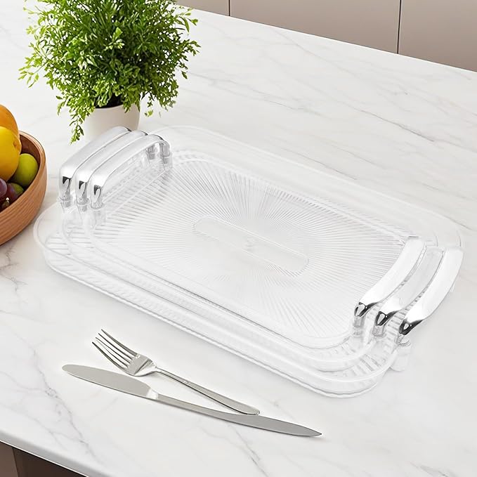3 Pack Serving Tray with Handles, Stackable Reusable Trays for Serving Food, Plastic Serving Platters for Party, Charcuterie, Fruit, Appetizer, Transparent