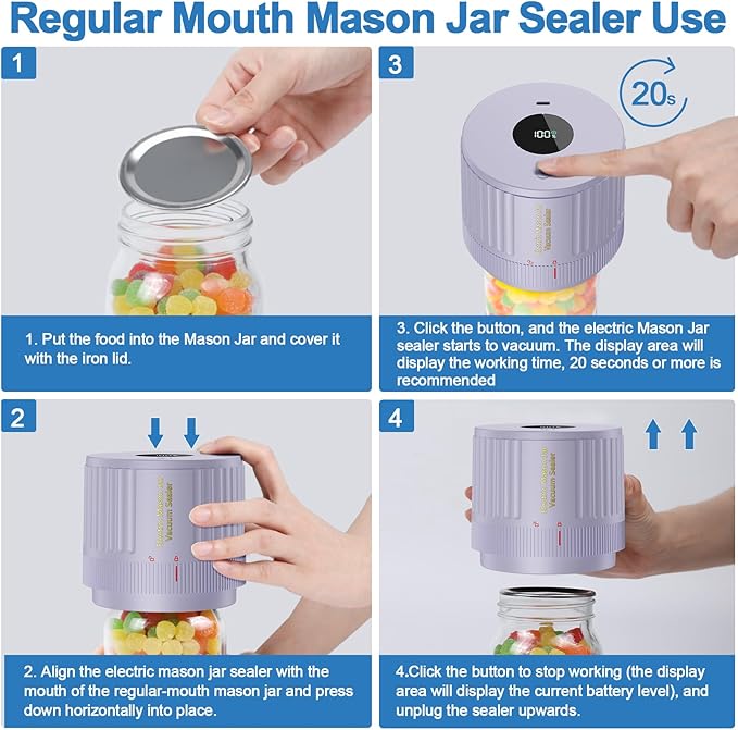 Electric Mason Jar Vacuum Sealer Kit for Wide Mouth and Regular Mouth Mason Jar - Purple