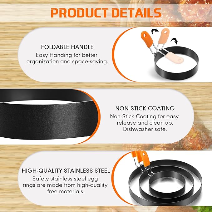 Patelai 6 Pcs Egg Ring Pancake Ring Set Stainless Steel Fried Egg Molds Griddle Pancake Shapers with Silicone Handle for Breakfast Omelette Sandwich(Square, Round,4 Inch, 6 Inch, 8 Inch)