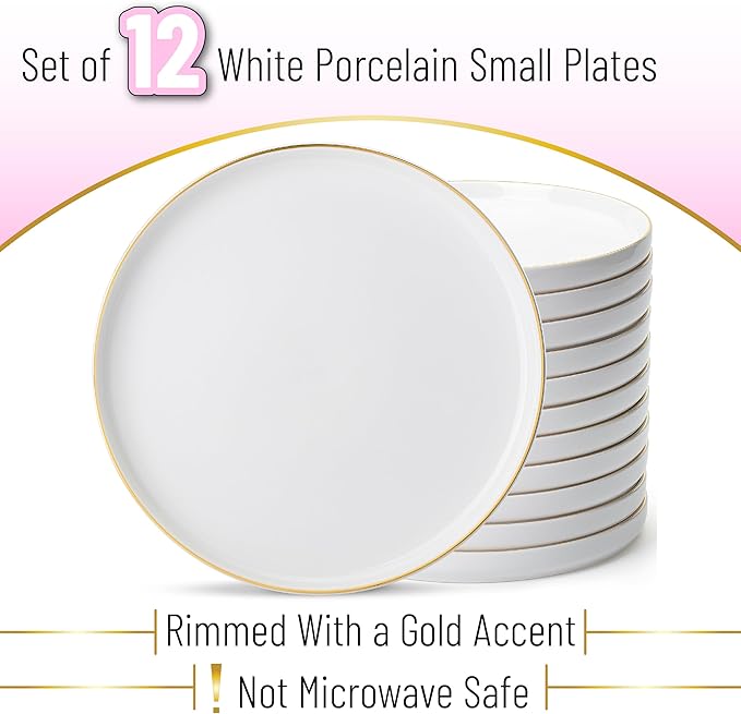 Brew To A Tea White Dessert Plates, Set of 12, 8" Round, Classic Style, Porcelain Construction, Dessert Plates