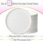 Brew To A Tea White Dessert Plates, Set of 12, 8" Round, Classic Style, Porcelain Construction, Dessert Plates
