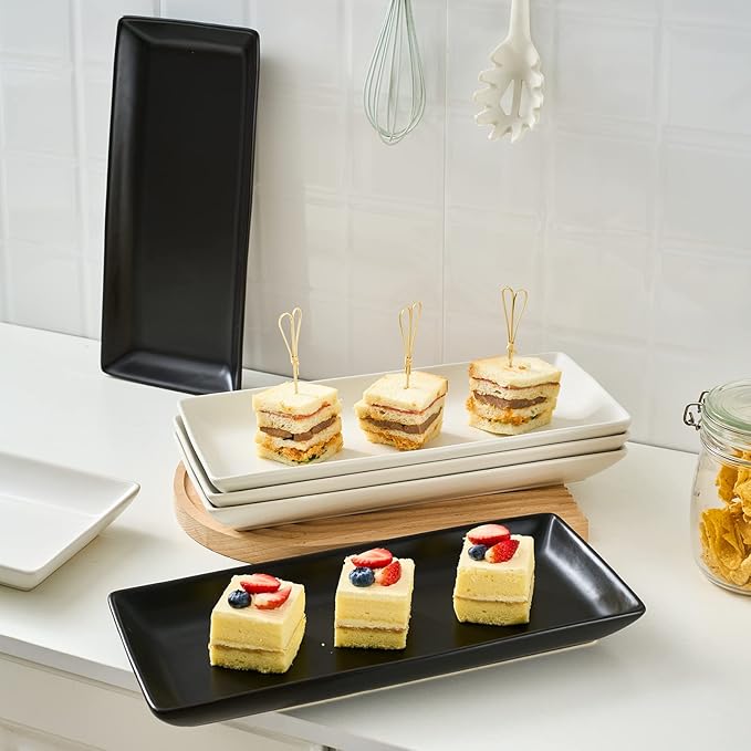 Gomakren Serving Platter Serving Dishes, 14 Inch Porcelain Serving Trays for Party, Large Serving Platters and Trays, Rectangular Sushi Plates for Entertaining Thanksgiving, Set of 4, Black