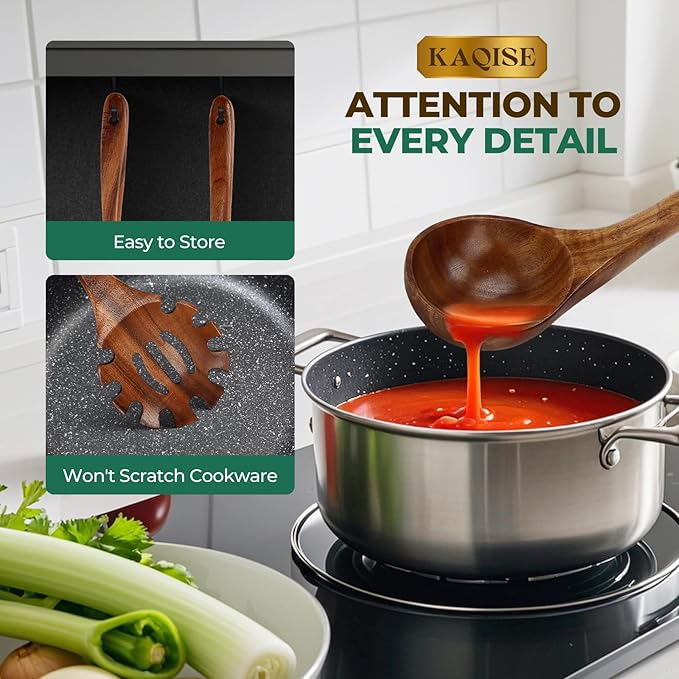 Wooden Spoons for Cooking, 2PCS Natural Teak Wooden Utensils, NonStick Kitchen Utensils Set for Stirring,Serving Spaghetti, Soup, Sauce (Ladle & Pasta Fork)