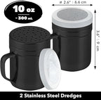 CUSINIUM 10oz Black Stainless Steel Salt Pepper Dredge Shakers - With Plastic Cap - With Handle - Pack of 2