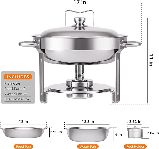 Silver 4 Pack Chafing Dishes for Buffet, 18/8 (304) Stainless Steel Food Pan with Lid, 6QT Round Chafing Dish Buffet Set Food Warmer, Food Warmers for Parties Buffet Catering Events Dinners