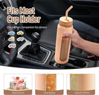 Kodrine Water Bottle with Straw, 24 oz Glass water Bottle with 2 Lids Bamboo Straw Lid and Spout Lid with Handle, 32 oz Clear Water Bottle Glass for Sports Travel, Waterbottle with Time Marker