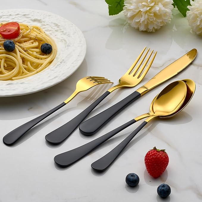 20-Piece Gold Silverware Set 18/0 Stainless Steel Flatware Black Handle Cutlery Set Service for 4 Dinner Knives Forks Spoons Set Mirror Finish Dishwasher Safe