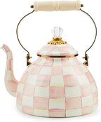 MACKENZIE-CHILDS Enamel Tea Kettle, Stylish Tea Kettle for Stovetop, Pink-and-White Rosy Check, 3 Quarts