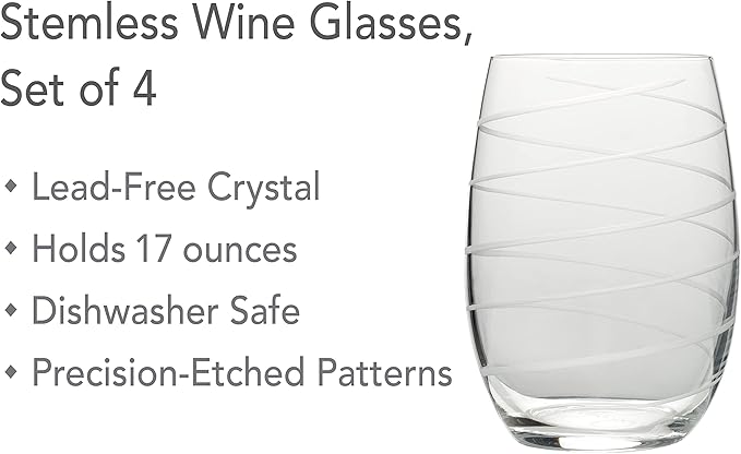 Mikasa Cheers Stemless Wine Glasses, Set of 4, 17-Ounce Clear Glasses, Durable and Elegant, Perfect for Red or White Wine, Dishwasher Safe