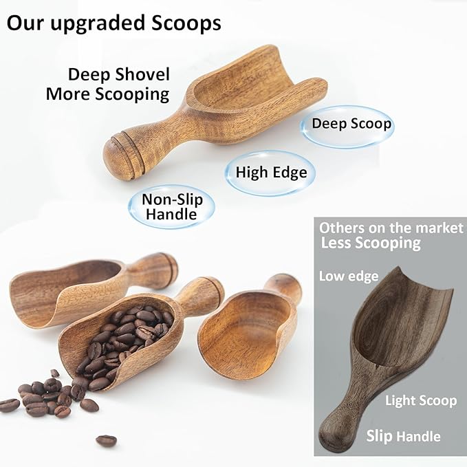 Wooden Scoops for Canisters 2PCS Wooden Scoop for Jars Acacia Wood Scoop Coffee Scoops for Ground Coffee 4.9″Med-size Measuring Spoons Kitchen Scooper for Bath Salt & Laundry Multi-Purpose
