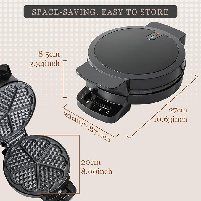 Heart Waffle Maker, Heart Shaped Waffle Iron 5 Slices, Mini Waffle Makers with 8'' Non-stick Plates, Adjustable 5 Browning Control, Cool Touch Handle, Easy to Clean, 1000W