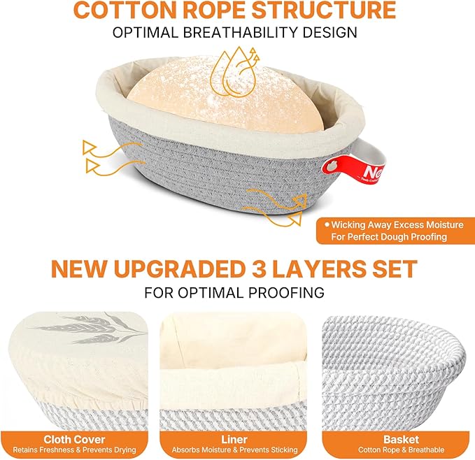 Banneton Bread Proofing Basket Set - 2X Oval Sourdough Proofing Baskets - Sourdough Proofing Bowls Bread Baking Supplies With Liner & Cloth Cover - Cotton Rope Banneton Basket for Baking