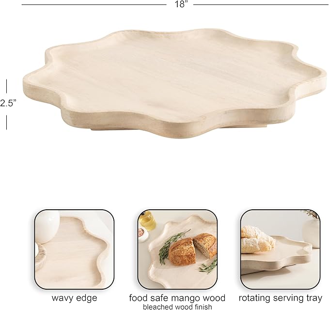 Kate and Laurel Alezar Mango Wood Wavy Round Lazy Susan Tray, 18 Inch Diameter, Light Bleached Wood, Scalloped Wooden Countertop Organizer with Turning Lazy Susan for Kitchen Storage or Ottoman Tray