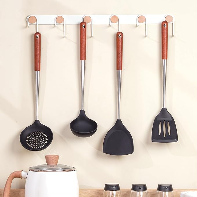 FJNATINH Silicone Spatula - Turner - Ladle - Skimmer Set - Wok Utensil Tool Set,Stainless Steel Non Stick Heat-Resistant Cooking Utensils BPA Free Kitchen Utensils Cookware Wooden Handle, Pack of 4