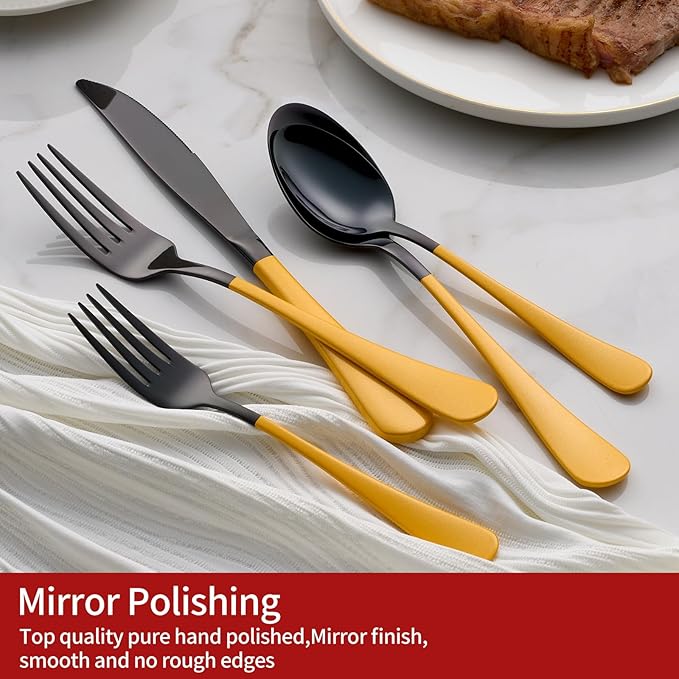 20-Piece Yellow Silverware Set 18/0 Stainless Steel Black Silverware Set Yellow Handle Cutlery Black Set Service for 4 Dinner Knives Forks Spoons Set Flatware Set Finish Dishwasher Safe