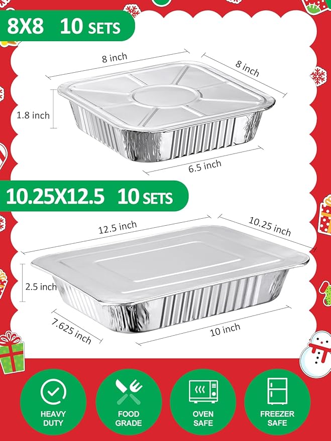 24 Pack Disposable Aluminum Pans with Lids Combo Set- 12 Large 9x13 Foil Pans Half Size & 12 Small 8x8 Tin Foil Baking Pans, Tin Trays Containers for Meal Prep, Food Cooking, Roasting, Heating