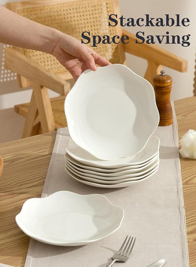 8.5 Inch Salad Plates Set of 8, Ceramic White Leave Wave Rim Small Dinner Appetizer Pasta Plate, Porcelain Dinnerware Serving Dishes for Pancakes, Steak, Pizza, Microwave, Dishwasher Safe