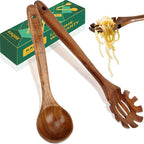 Wooden Spoons for Cooking, 2PCS Natural Teak Wooden Utensils, NonStick Kitchen Utensils Set for Stirring,Serving Spaghetti, Soup, Sauce (Ladle & Pasta Fork)