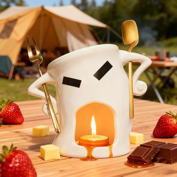 Ceramic Fondue Cup Set w/Built-In Fork & Spoon - Mini Chocolate/Cheese Fondue Mug | Microwave & Dishwasher Safe | Compact Gift-Ready (White)