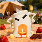 Ceramic Fondue Cup Set w/Built-In Fork & Spoon - Mini Chocolate/Cheese Fondue Mug | Microwave & Dishwasher Safe | Compact Gift-Ready (White)